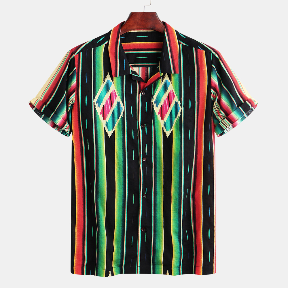 

Mens Fashion Colorful Patches Design Loose Striped Shirts