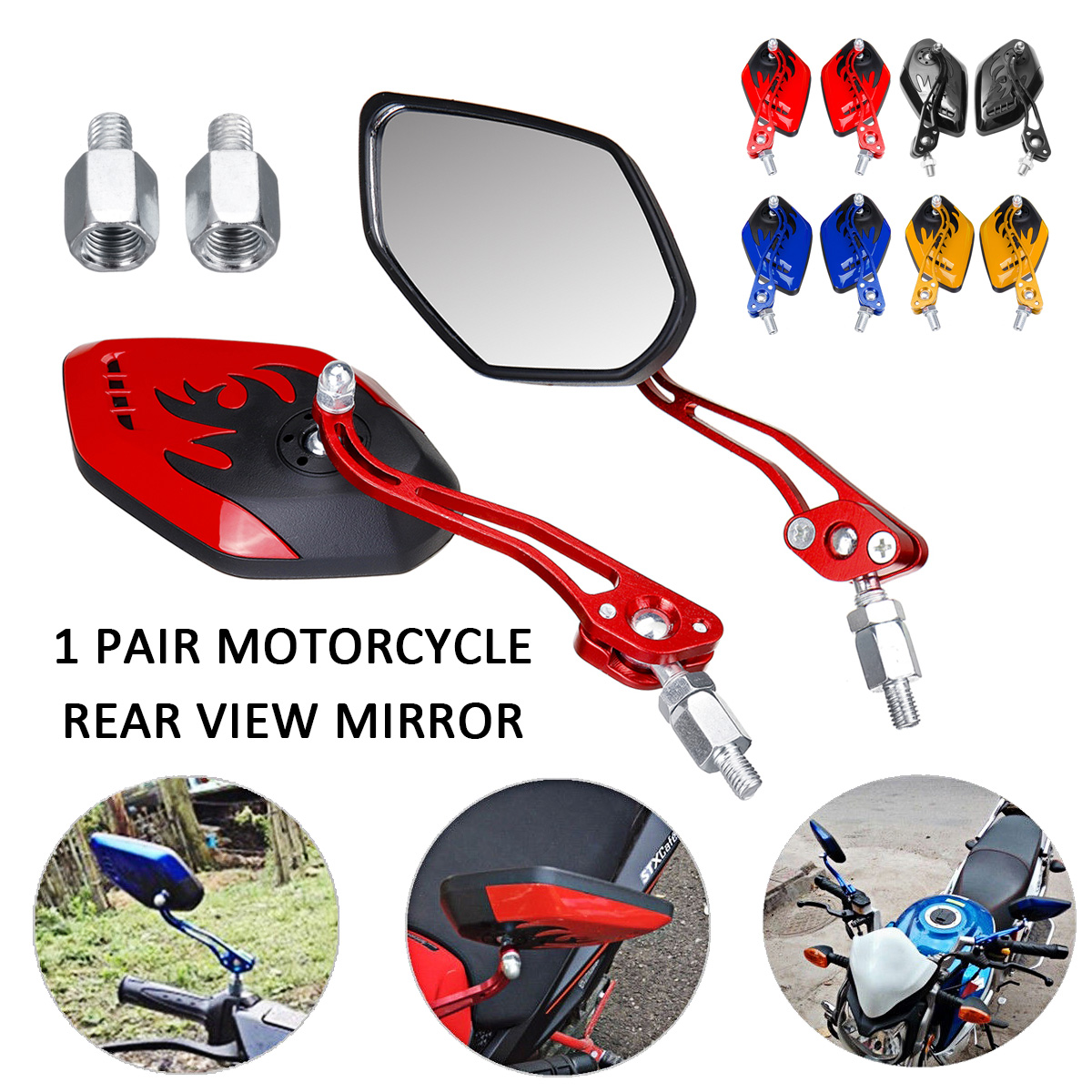 Rear View Mirrors Yellow 1 Pair of 8mm 10mm Universal Aluminum Alloy Hard Plastic Motorcycle Scooter Aluminum Flame Pattern Side Rear View Mirrors 