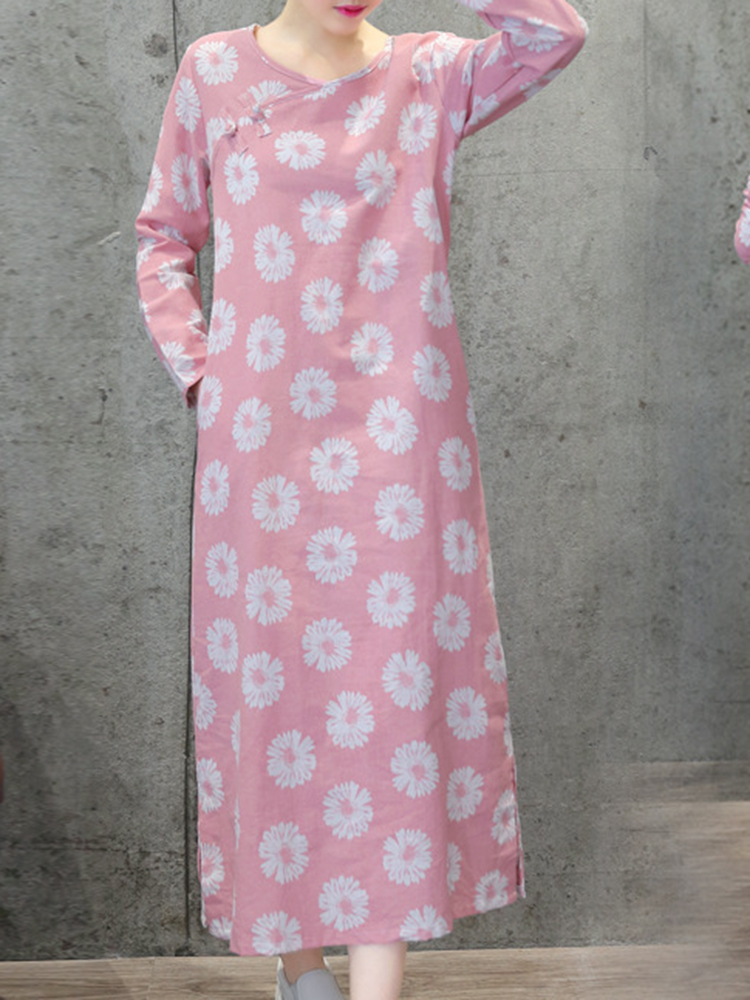 

Винтаж Женское с длинным рукавом с принтом Maxi Платье с карманом