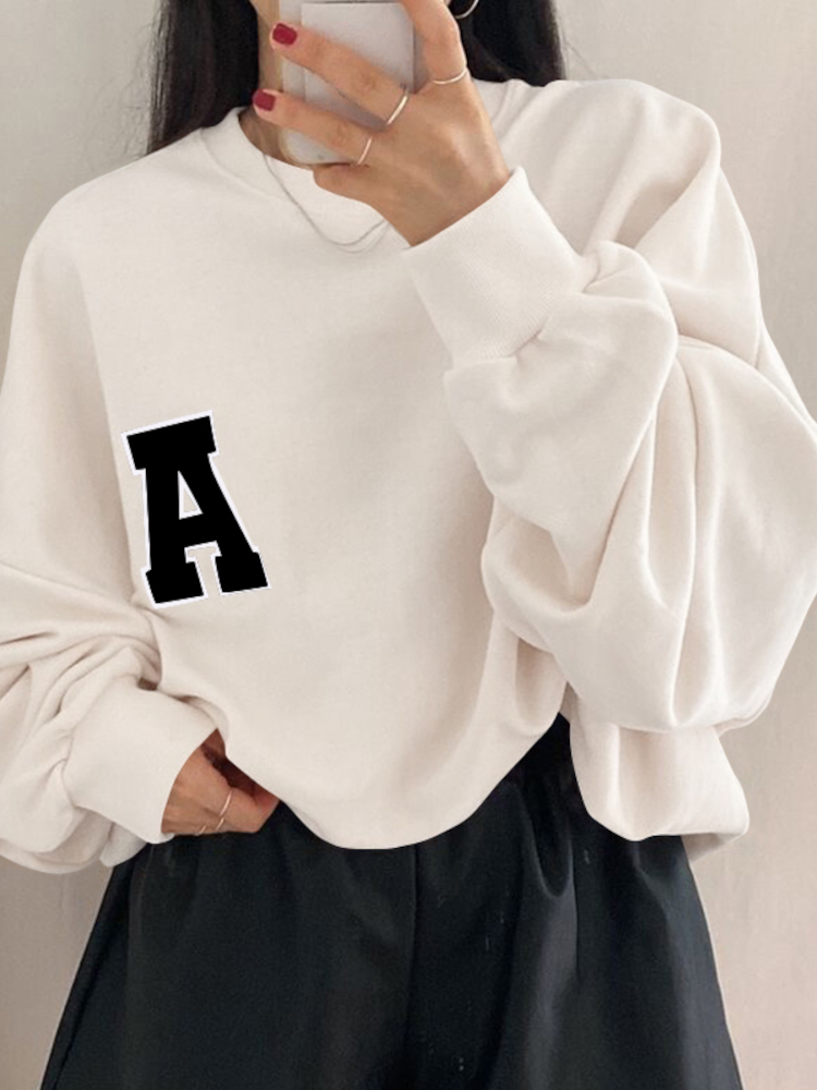 Women Printed Solid Letter Narrow Cuffs Long Sleeve Pullover Sweatshirt 2