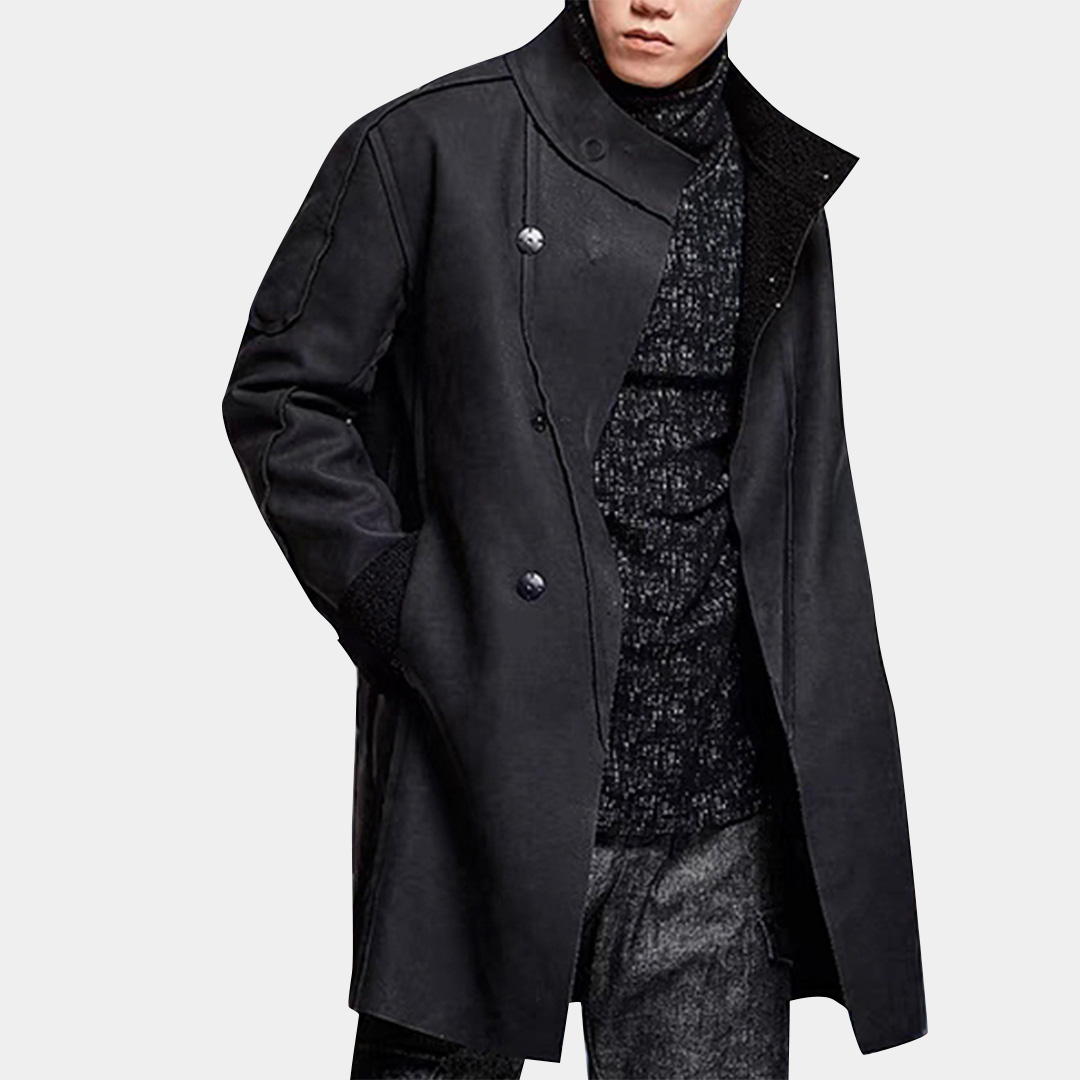 

Snap Button Mens Fall Winter Faux Leather Jacket Suede Coat