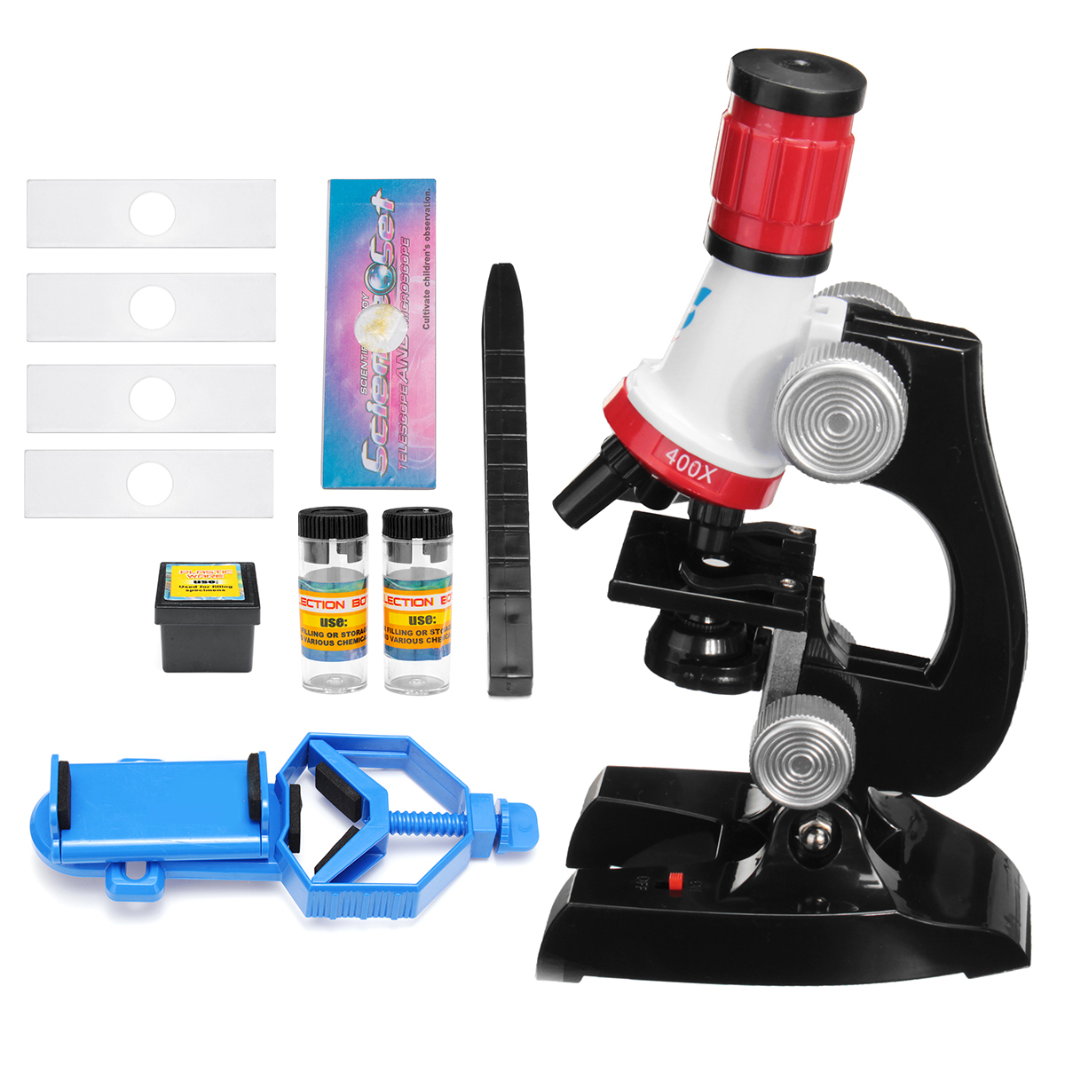 

Дети 100X 400X 1200X Zoom Монокуляр с подсветкой Биологический микроскоп Красные подарки
