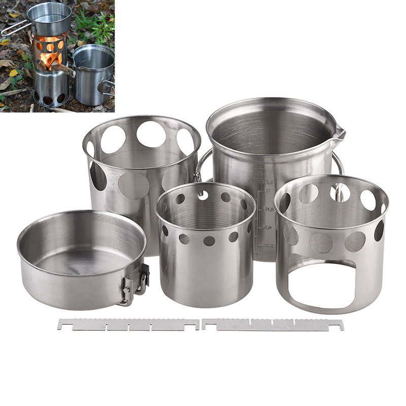 

Camping Stove Set Portable Wood Burning Furnace Picnic Pot Portable Stainless Steel Cookware