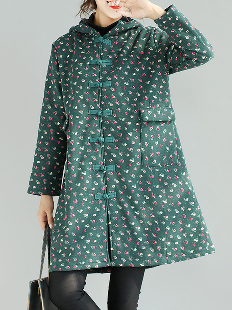 

Retro Women Folk Style Floral Print Chinese Knot Hooded Coat
