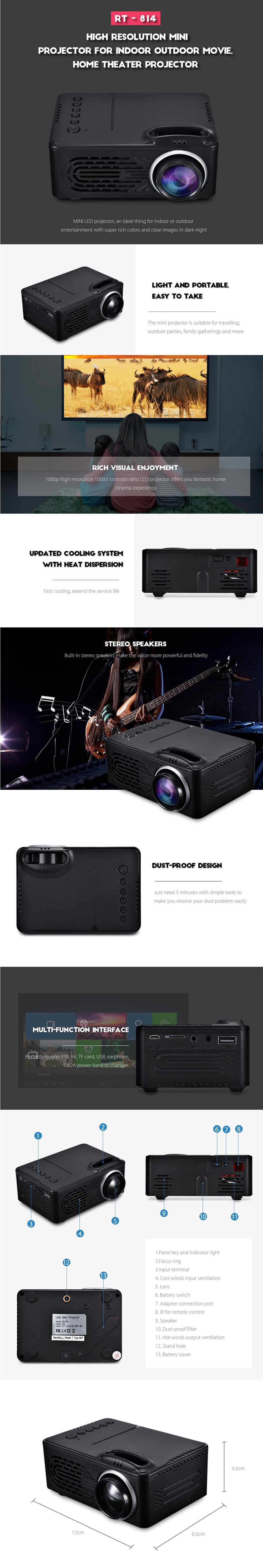 Rigal RD - 814 LED Mini Projector 30 Lumens 2.0 inch LCD TFT Display Photo Music Movie Home 20