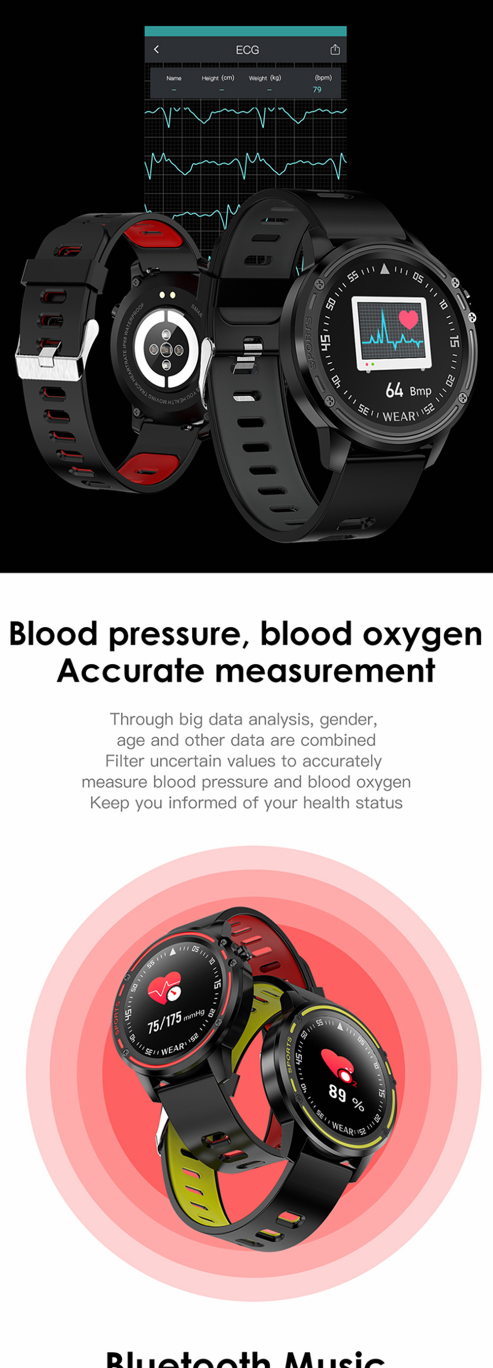 Microwear L8 Full Touch Screen ECG+PPG O2 IP68 Sports Mode bluetooth Music Control Weather Smart Watch 24