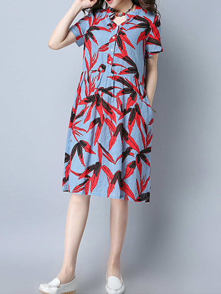 

Цветочный печатный Платье Кнопка с коротким рукавом Loose Женское Платьеes