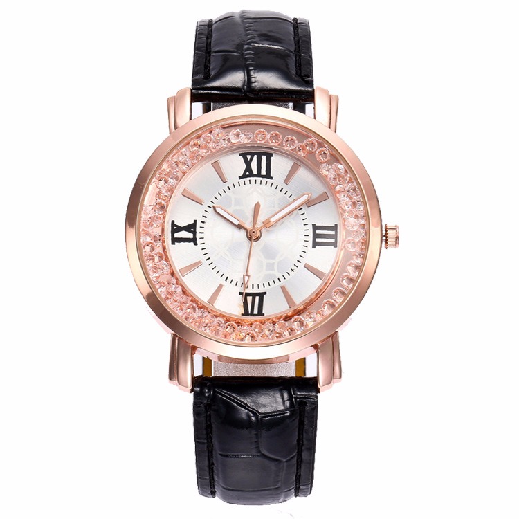 

Модные розовые позолоченные кристаллы римские цифры дамы Платье браслет кожаный Женское кварцевые часы