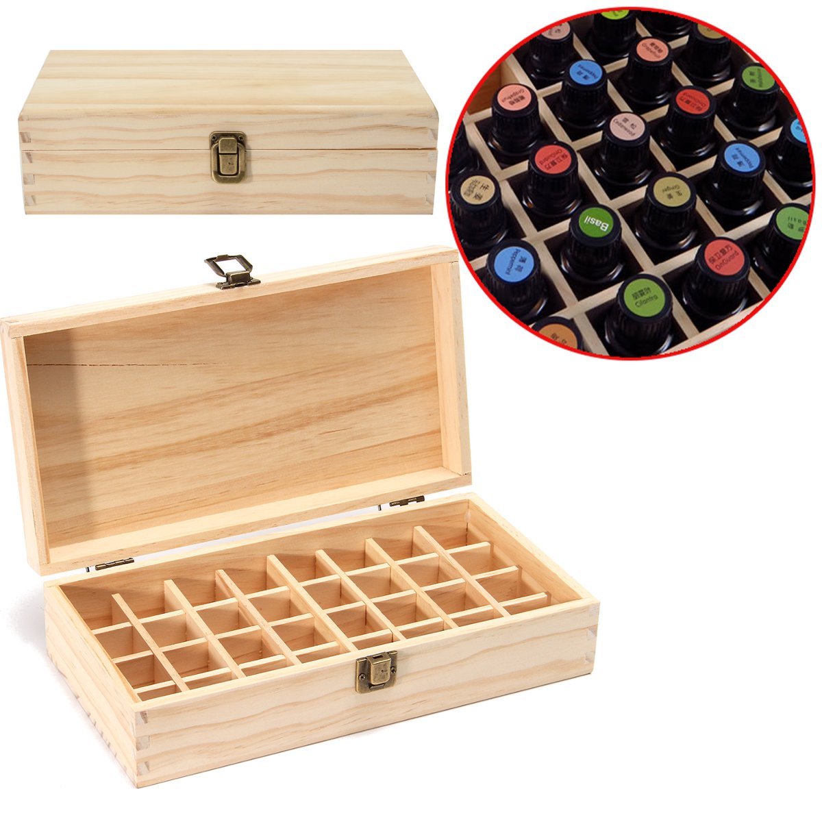 

32 Holes Essential Oils Wooden Box Container Solid Pine Pure Natural Wood Storage Case