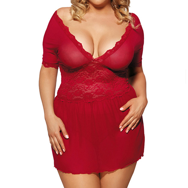 

Plus Size Sexy Double V Lace Mesh Sleepwear See-through Temptation Babydoll Nightdress For Woman