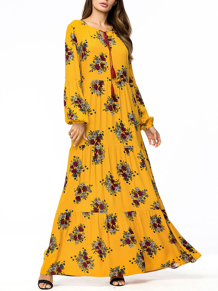 

Женская цветочная печать с длинным рукавом с длинным рукавом Maxi Платье