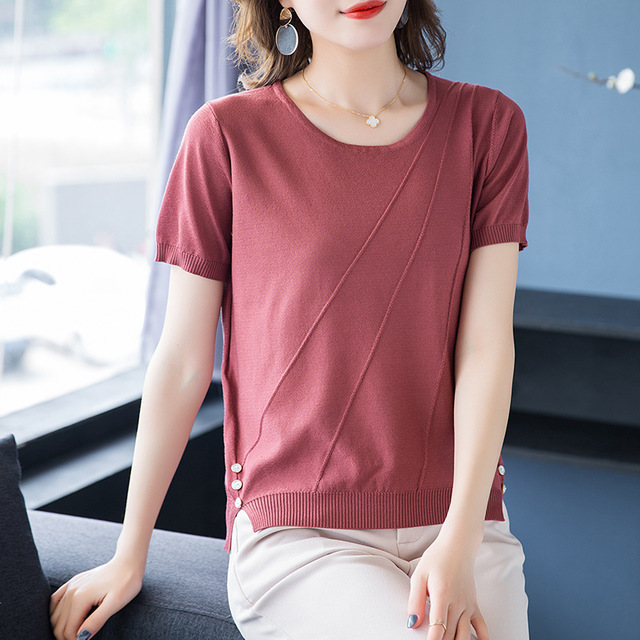 

Split Thin Section Ice Silk Bottoming Shirt Women's Season New European And American Style Round Neck Short-sleeved Foreign Wild Knit T-shirt