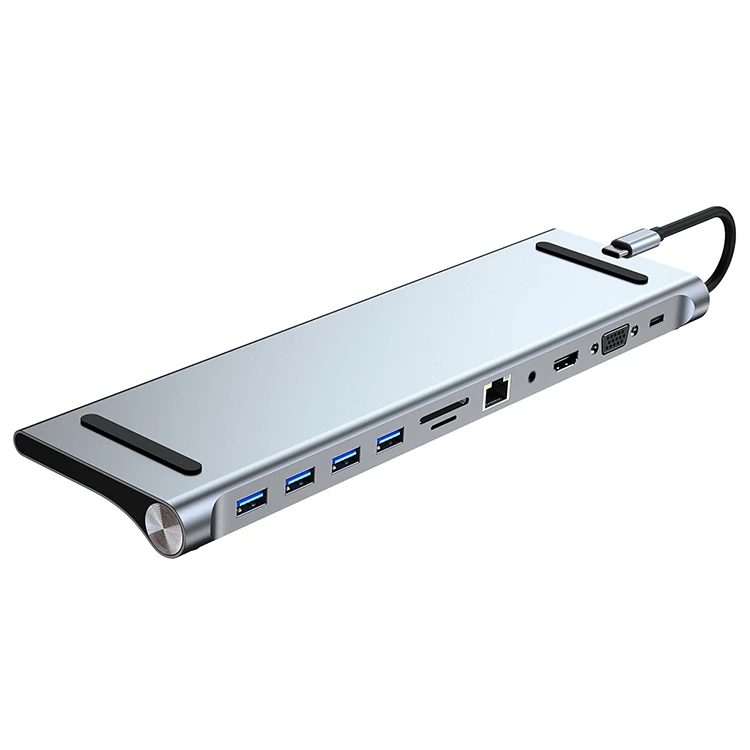 Find 11 in 1 Type C USB Hub Stand 4K HDMI 100W PD Charging Docking Station with USB 3 0 1/ USB 2 0 3/ PD Charge 1/ 1080P VGA 1/ 4K HDMI 1/ AUX 1/ RJ45 1/ TF Reader 1/ SD Reader 1 for Sale on Gipsybee.com
