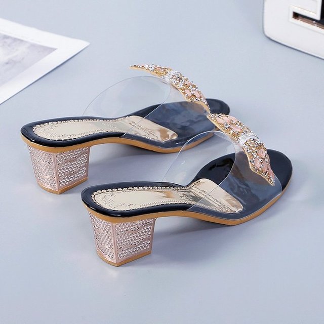 

Fashion Color Matching Wear Sandals And Slippers Women's New Net Red Transparent Rhinestone Bow Word Drag High Heels