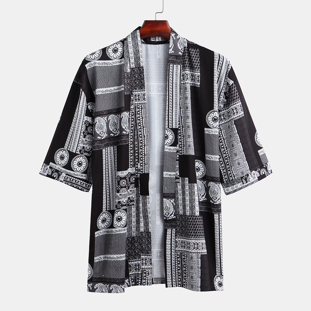

Jay Chou Mojito Same Style Colorful Geometry Print Kimono Half Sleeve Casual Cardigan Shirts