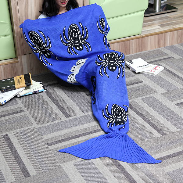 

175x90cm Spider Blue Knitted Mermaid Tail Blanket Handmade Crochet Throw Super Soft Sofa Bed Mat
