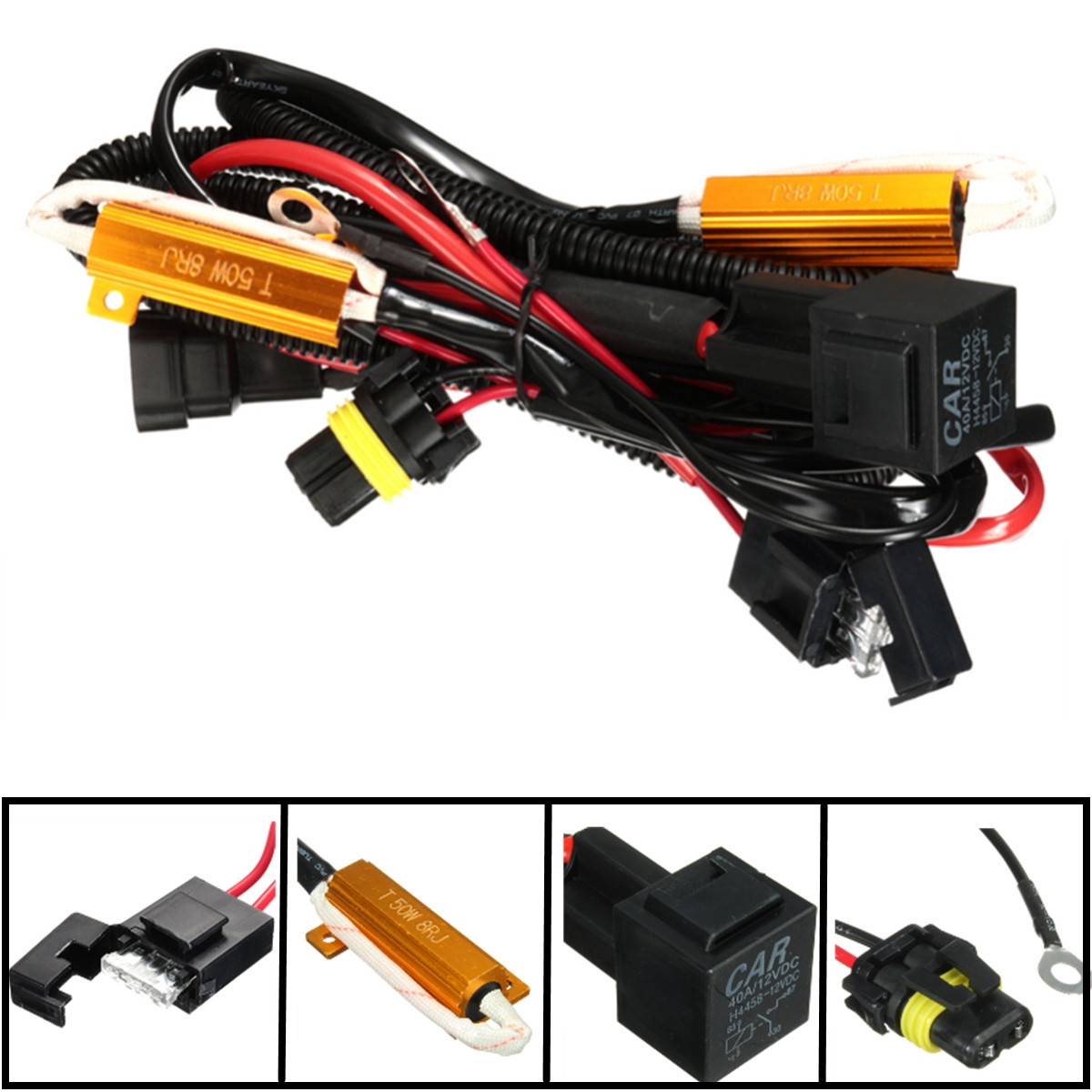 

40A Relay Wiring Harness 50W Load Resistor H1 H7 H11 9005 9006 H3 HID Headlight