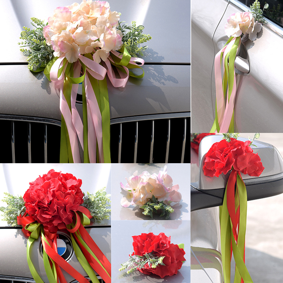 Wedding Car Flower 5M Ribbons Plate 10 Bows Door Handle Rearview Set Decorations 