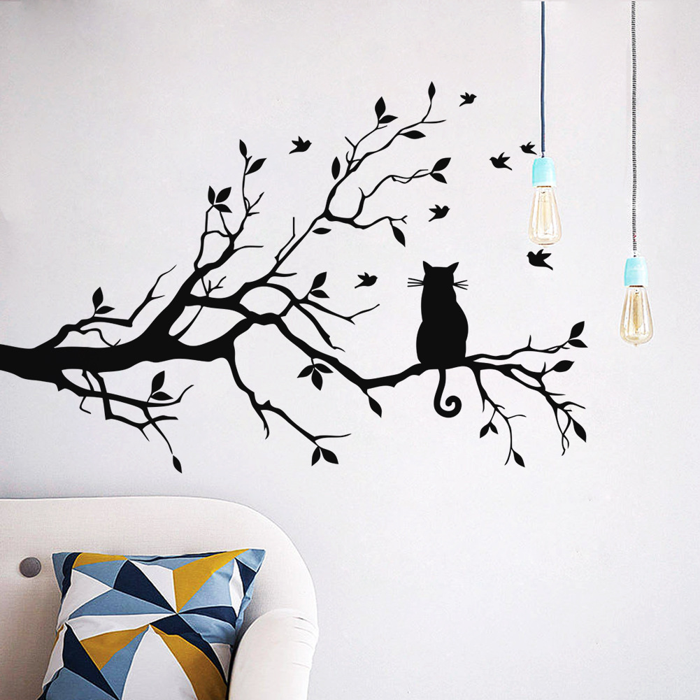 

New Cute Cat On Long Tree Branch Removable PVC Wall Sticker Animals Cats Art Decal Beautiful Home Kids Room Decor Flying Birds Black Cat Animals Wall sticking Poster