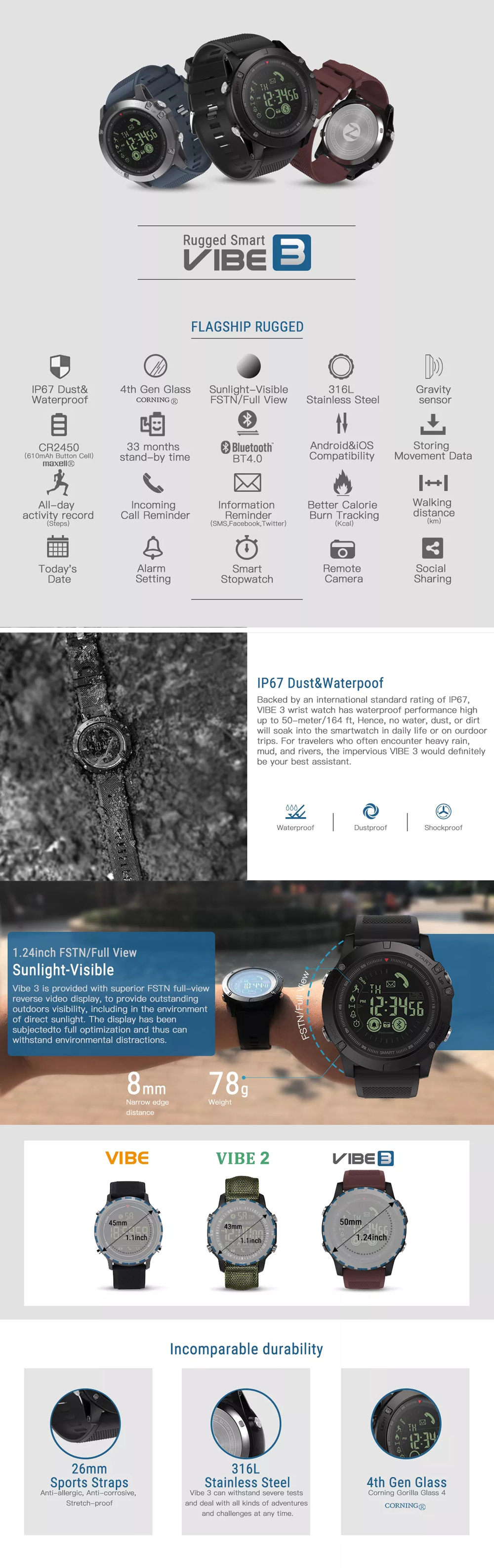 Zeblaze VIBE 3 Flagship Rugged All-day Activity Record 33 Month Long Standby Sport Smart Watch 26
