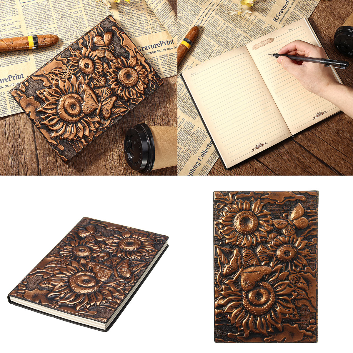 

Vintage 3D Embossed Sunflower Travel Diary Notebook Journal Leather Notepad