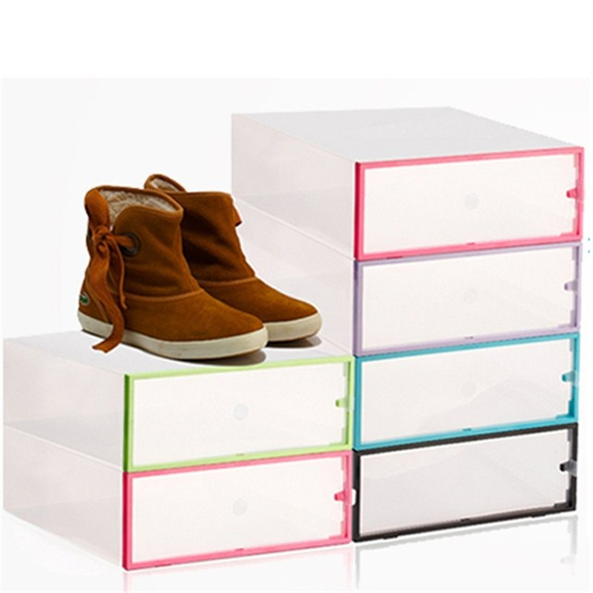 

Foldable Clear Plastic Shoe Boxes Storage Organizer Stackable Tidy Baskets