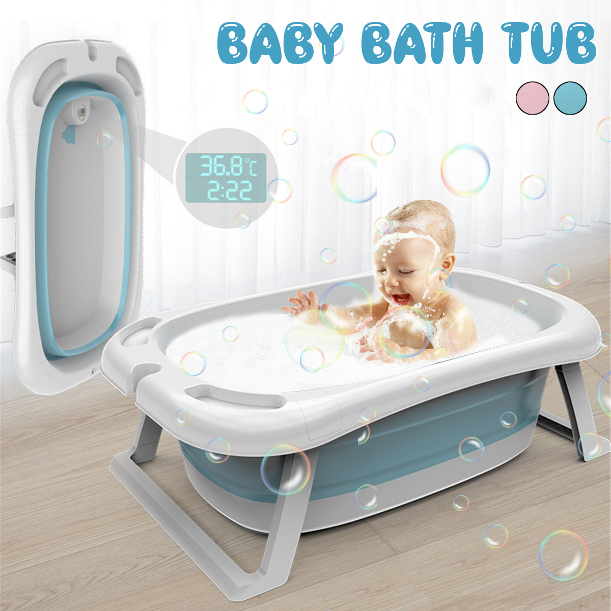 Folding Baby Bath Tub Reclining Bath Barrel Newborn Bathtub Shower + Thermometer 11