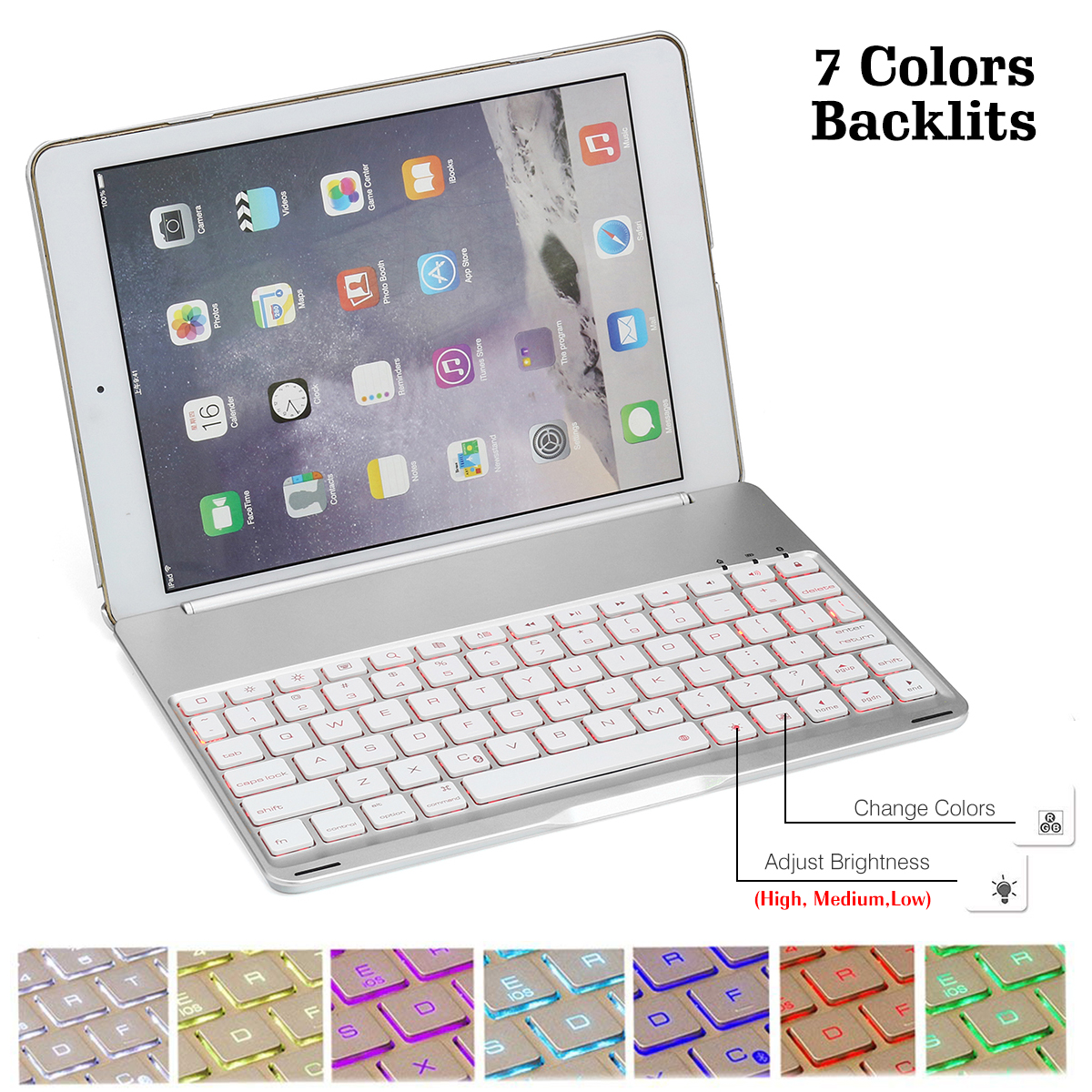 7 Colors Backlit Aluminum Alloy Wireless bluetooth Keyboard Case For iPad Air/iPad Air 2 12