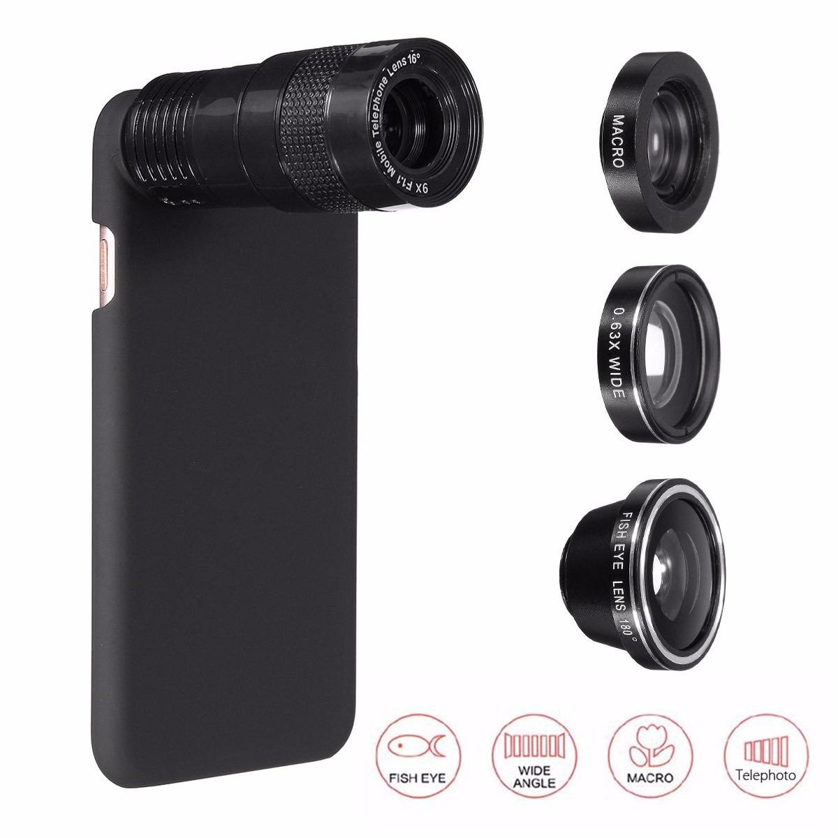 

5-In-1 9X Telephoto 0.63X Wide Angle Macro Fisheye Lens + Case For Apple iPhone 7 Plus