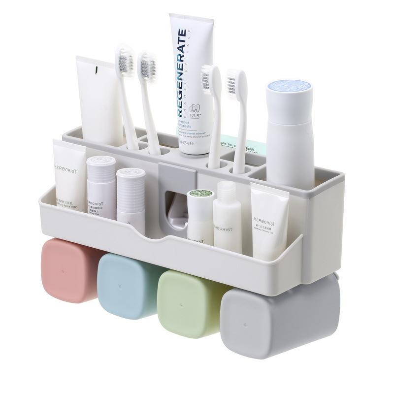 

Toothbrush Holder Set Storage Suplies Save Space No Drill Wall Mount Toothpaste Dispenser Multi-Functional Slots Bathroo