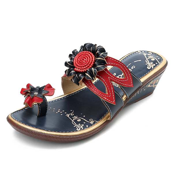 

SOCOFY Retro Floral Genuine Leather Slip On Wedge Sandals