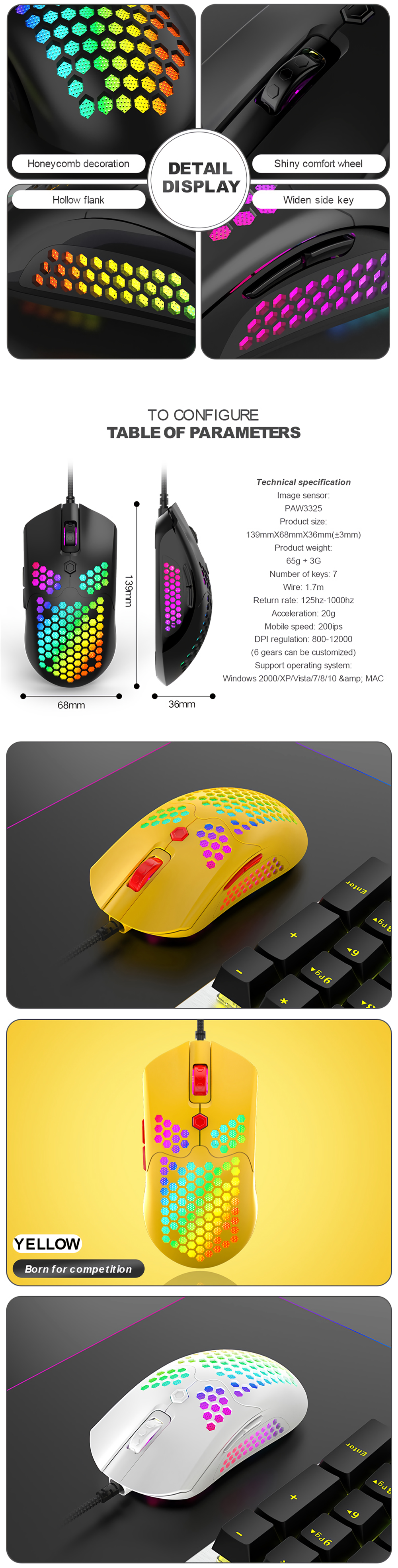 Free-wolf M5 Wired Game Mouse Breathing RGB Colorful Hollow Honeycomb Shape 12000DPI Gaming Mouse USB Wired Gamer Mice for Desktop Computer Laptop PC 16