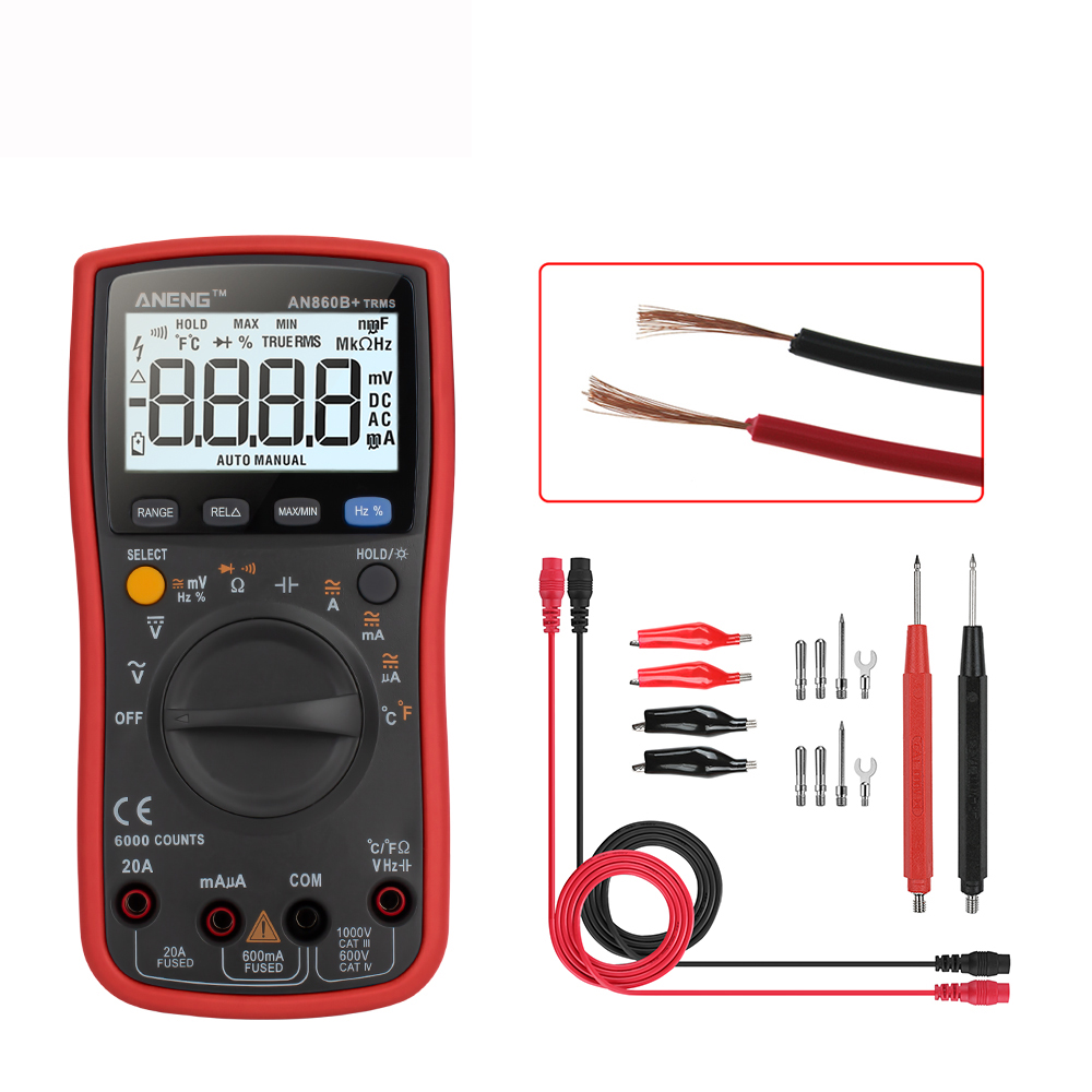 

ANENG AN860B+ LCD 6000 Counts Digital Multimeter Backlight AC/DC Current Voltage Resistance Frequency Temperature Tester with Lead Set