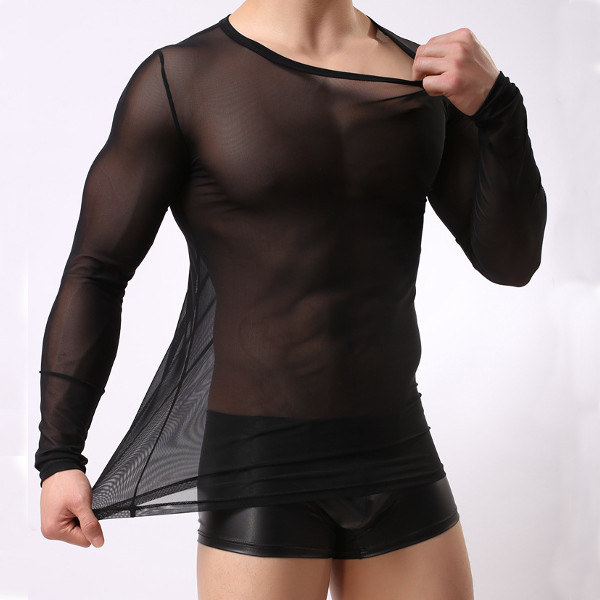 

Сексуальный Тонкий Прозрачная дышащая круглая Шея футболка Повседневная мужская сетка с длинными рукавами футболки