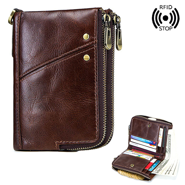 

Men RFID Antimagnetic Wallet Genuine Leather 12 Card Slots Vintage Double Zipper Coin Bag