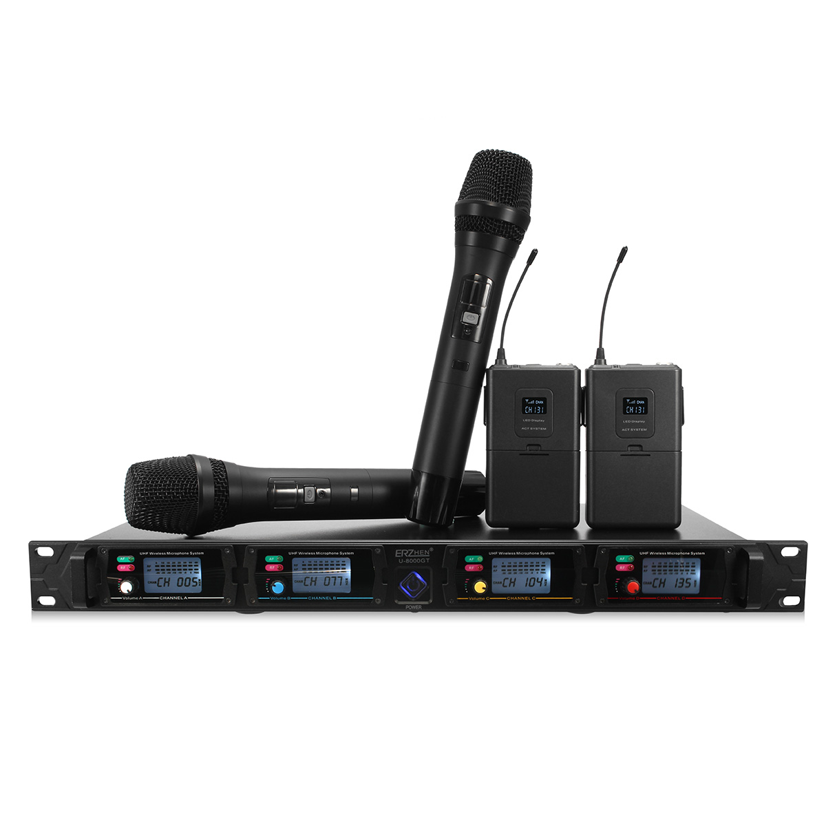 

ERZhen U-8000GT UHF 4 Channel LCD Display Wireless Handheld Bodypack Microphone KTV Karaoke System