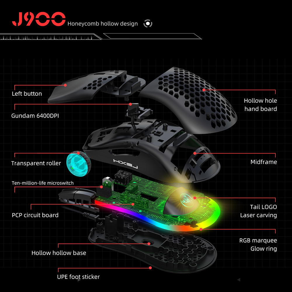 HXSJ J900 Wired Gaming Mouse Honeycomb Hollow RGB Game Mouse with Six Adjustable DPI Ergonomic Design for Desktop Computer Laptop PC 4