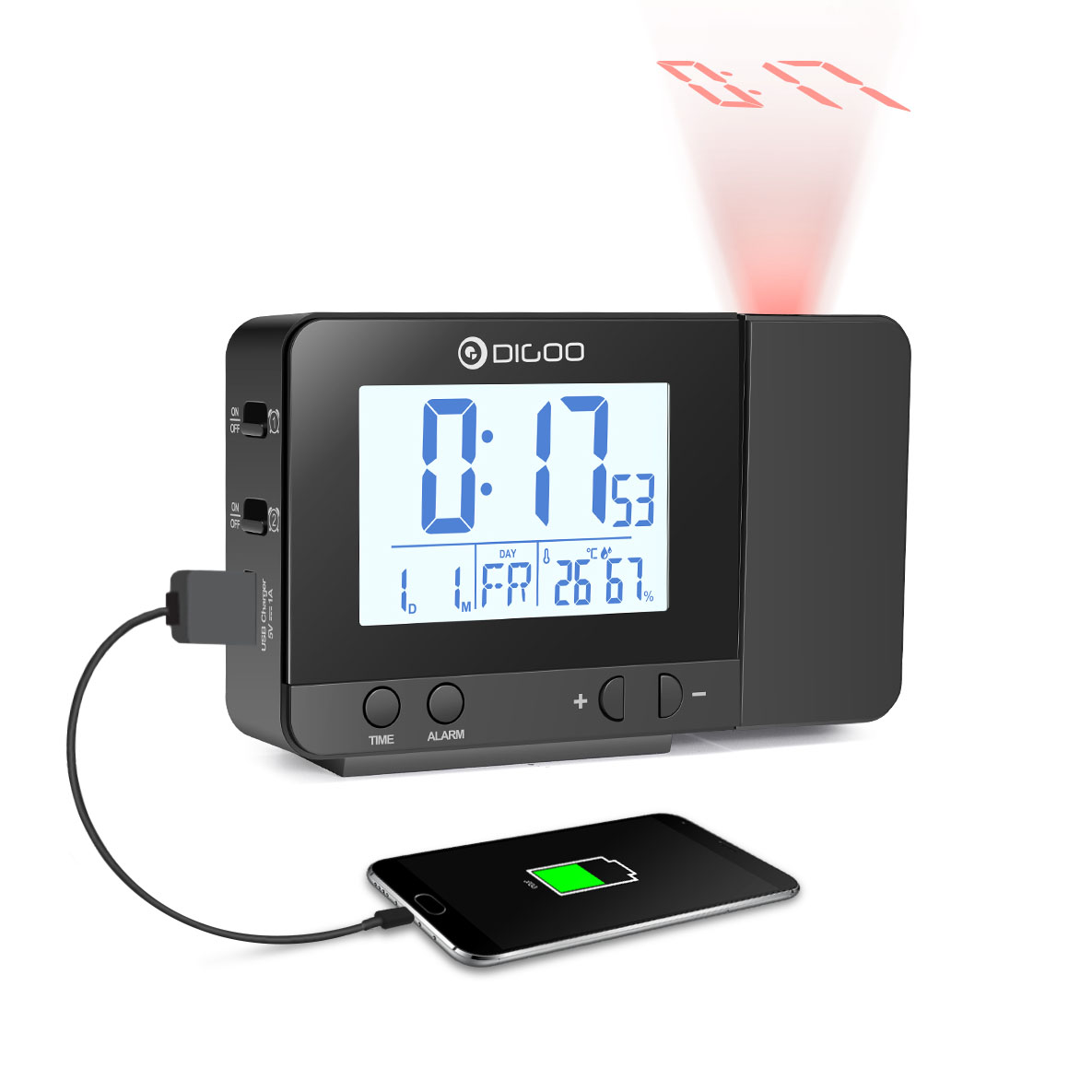 

Digoo DG-C10 Беспроводные USB LCD Перезаряжаемые мягкие проекционные часы с подсветкой Настольные часы температуры и влажности