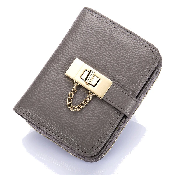 Women Genuine Leather Zipper Card Holder Chain Lock Short Purse Wallets