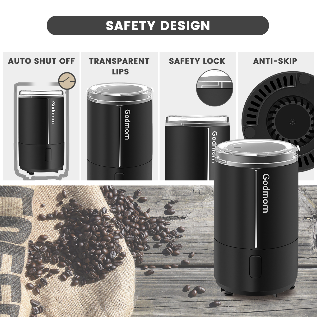 Electric Coffee Grinder Espresso Grinder One Touch Multi-function Bean Grinder Auto Shut Off & Overheating Protection 45