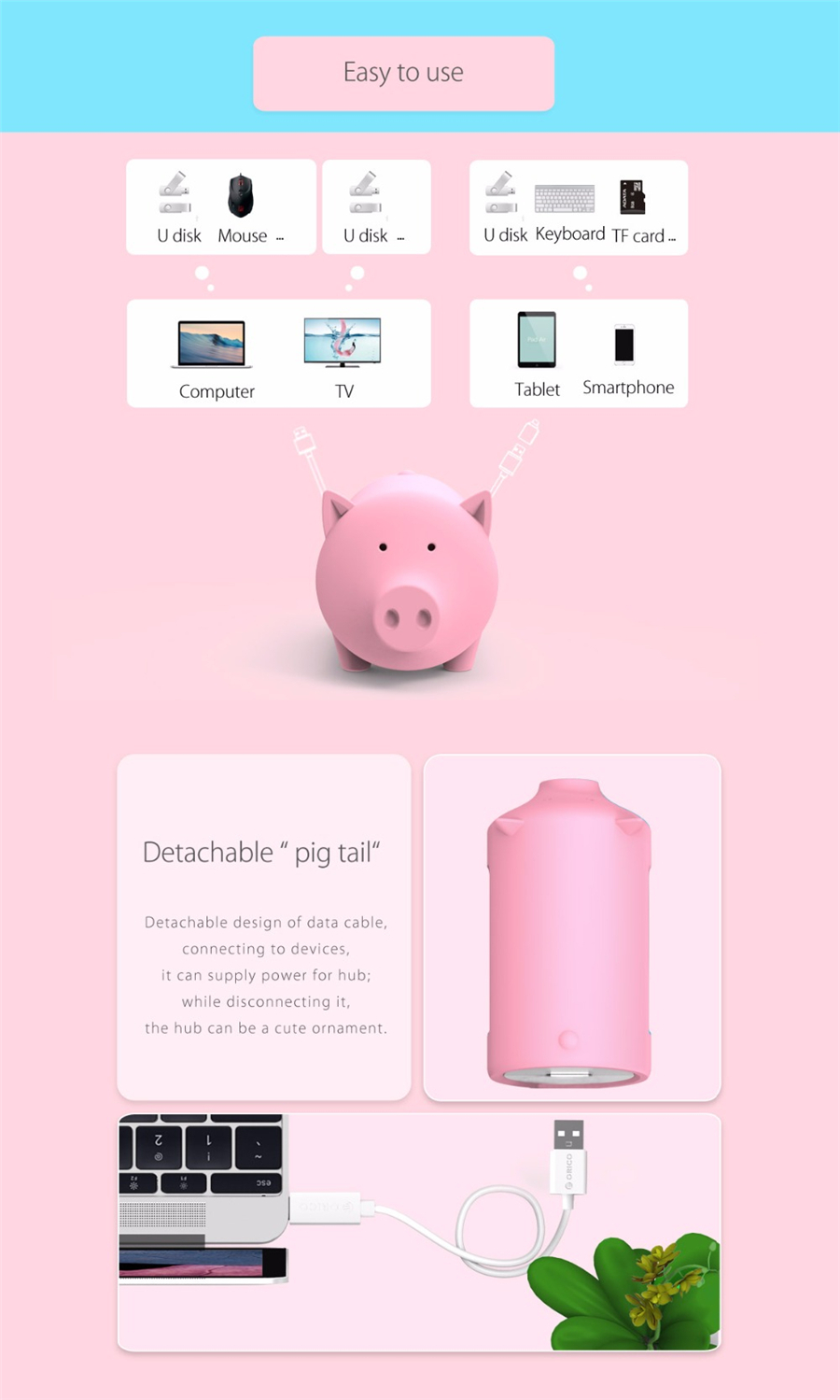 ORICO Little Pig High Speed USB 3.0 OTG HUB Adapter SD TF Card Reader for Macbook Laptop 