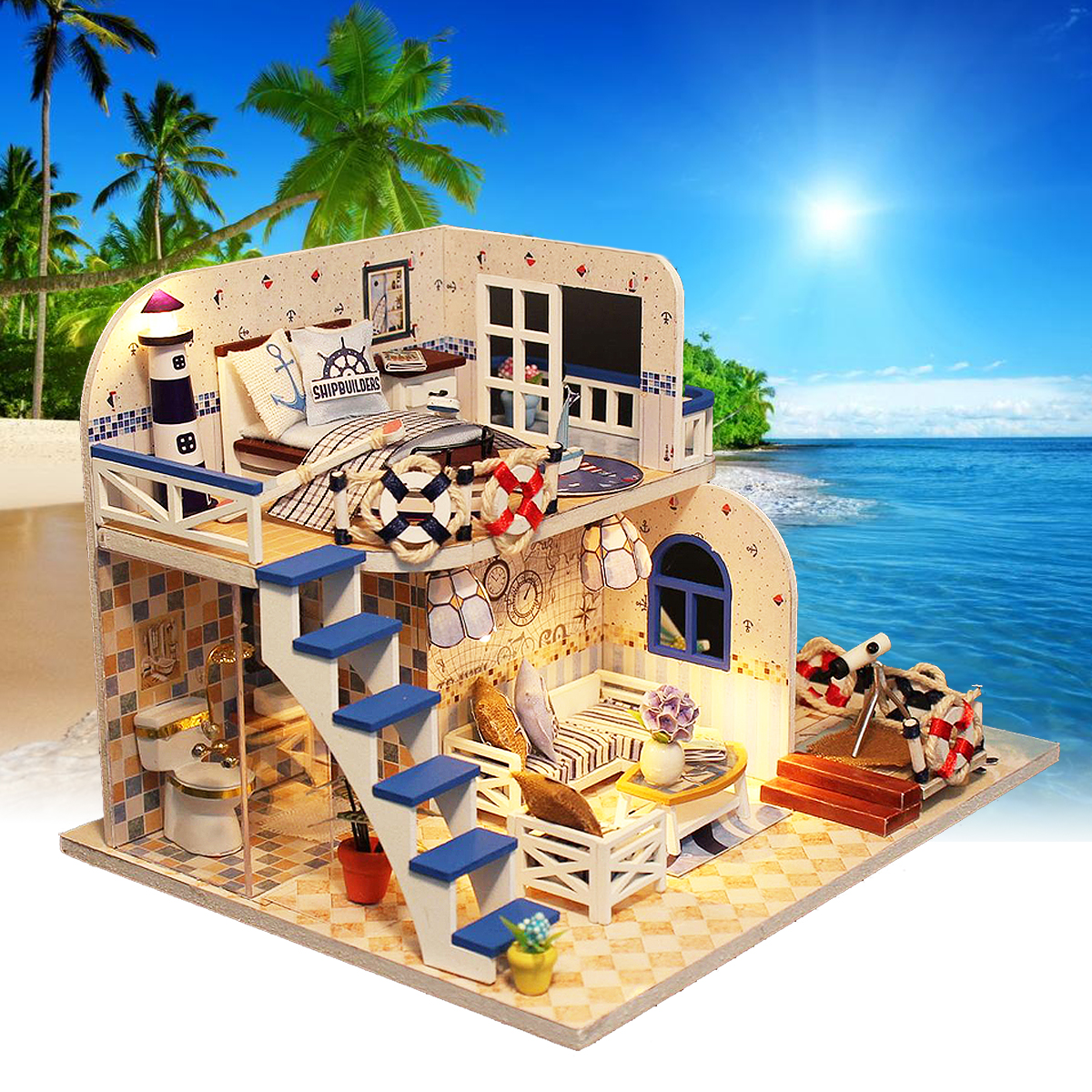 Gift for kids, children, DIY Coastal Villa Doll House (with LED Light & Miniatures Furniture) Christmas Gift Toys