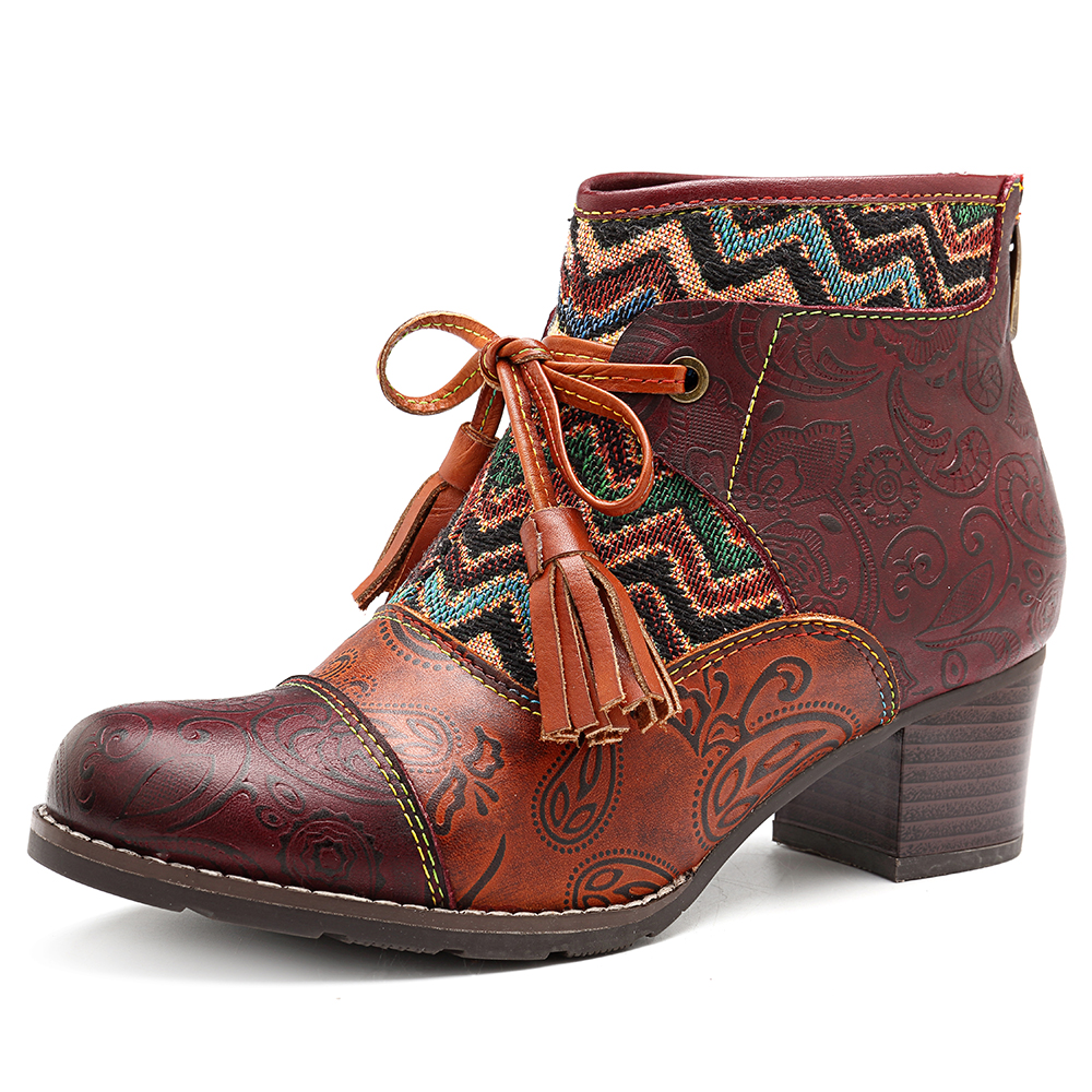 

SOCOFY Stitching Stripe Genuine Leather Ankle Boots