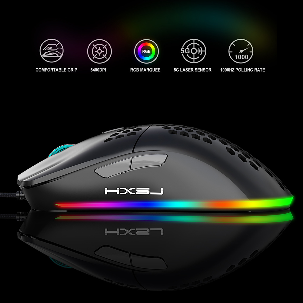 HXSJ J900 Wired Gaming Mouse Honeycomb Hollow RGB Game Mouse with Six Adjustable DPI Ergonomic Design for Desktop Computer Laptop PC 2