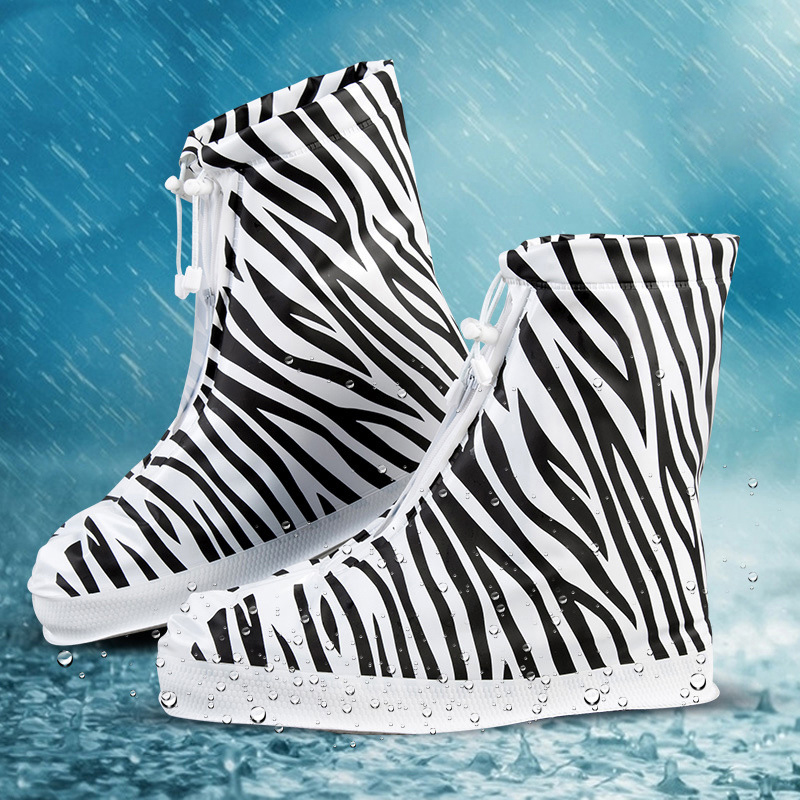 

PVC Women Rain Shoes Cover Adjustable Double Layers Zebra Pattern Waterproof Rain Reusable Shoes Covers Slip-resistant Rain Boot