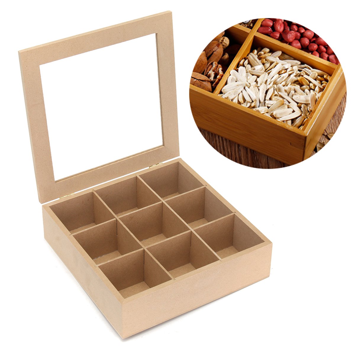 

9 Отсек деревянные Чай Коробка Spice Дисплей Коробка Навесная стеклянная крышка Кухонная посуда Чехол