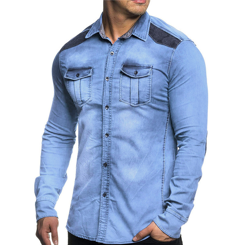 

Мужские джинсовые замши Splice Contrast Color Chest Pocket Shirts