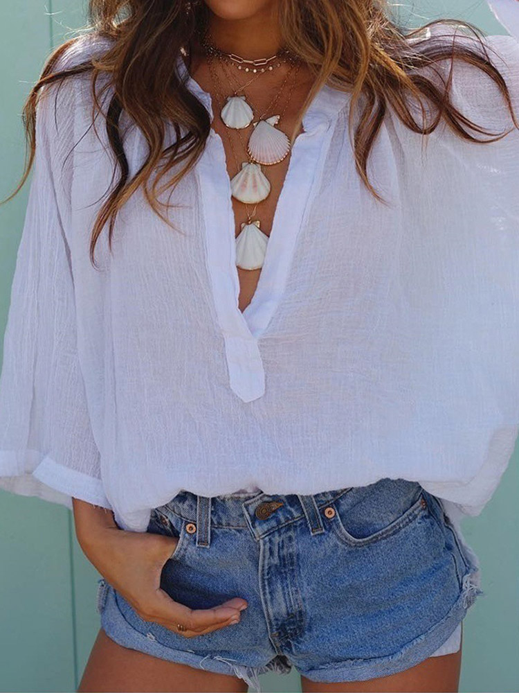 Solid Color V Neck Loose Casual Beach Women Blouse - US$21.99