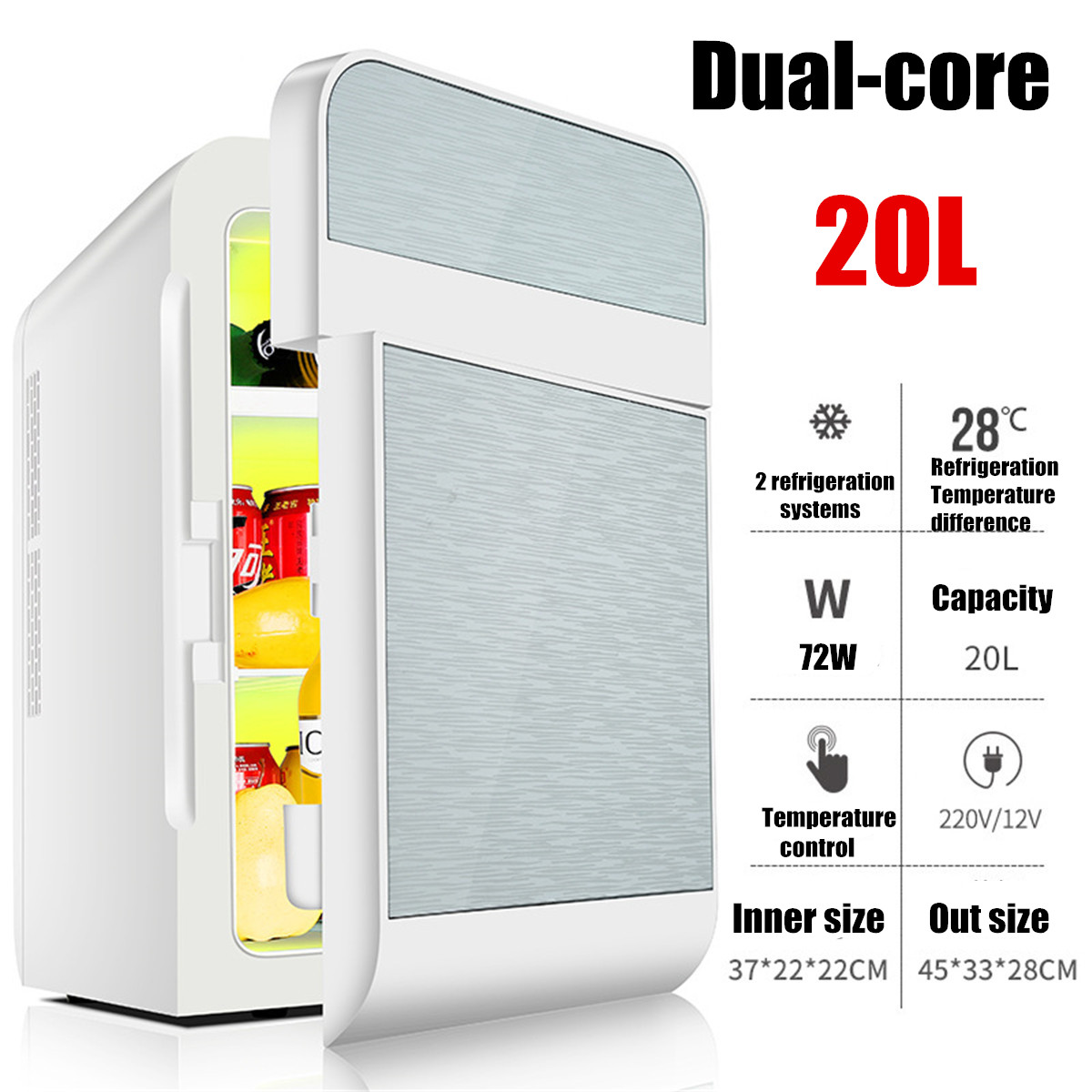 20L Single Dual-core Car Mini Fridge Travel Cool & Warmer Home Refrigerator 220V/12V 9