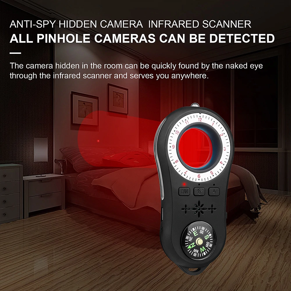 S100 Anti-candid Camera Detector Portable Pinhole Camera Detection Device Infrared Scanning Vibrating Lights Alarm Anti-Monitoring Snooping Micro Cam with Flashlight Compass